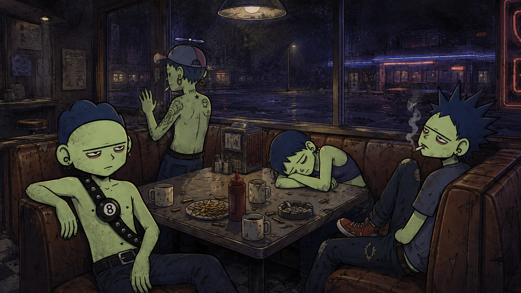 Burnouts characters sitting in a late night diner