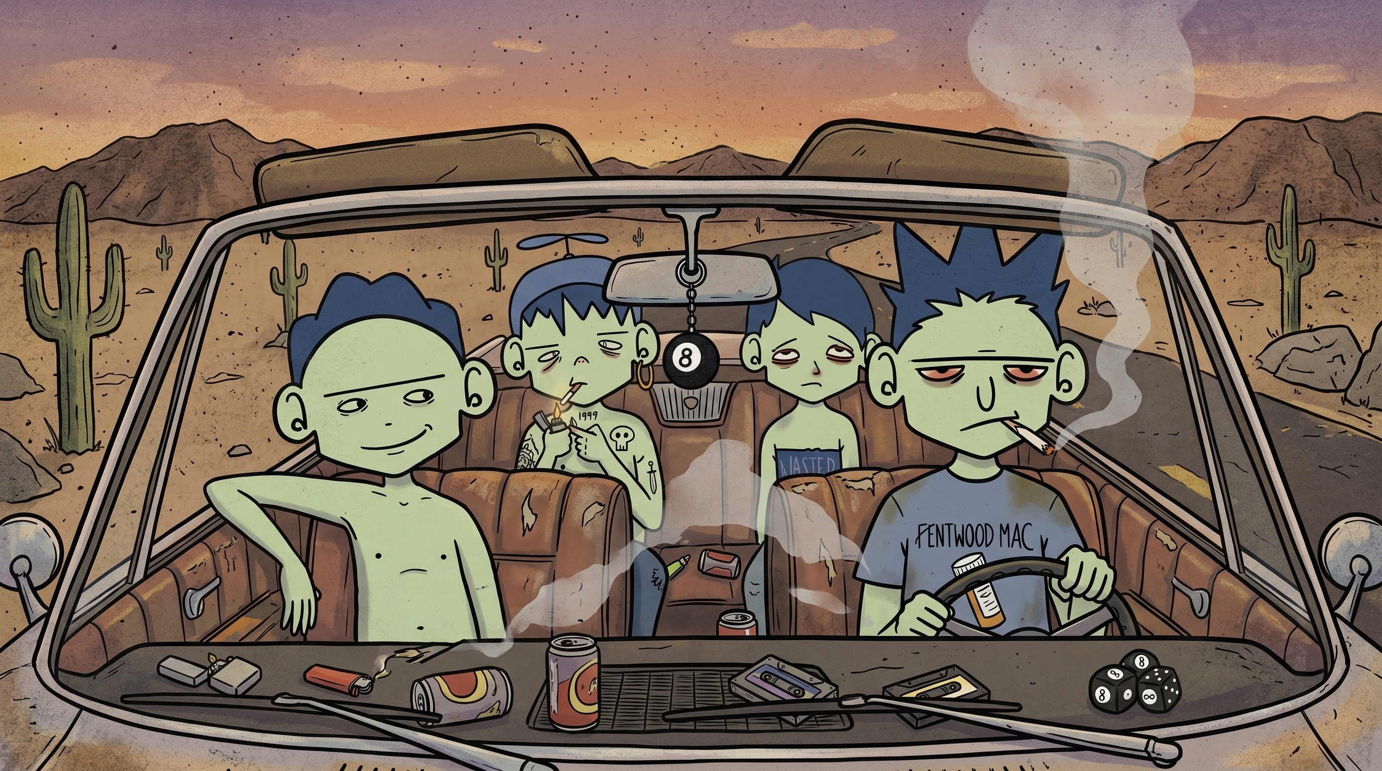 Burnouts characters driving across a desert road