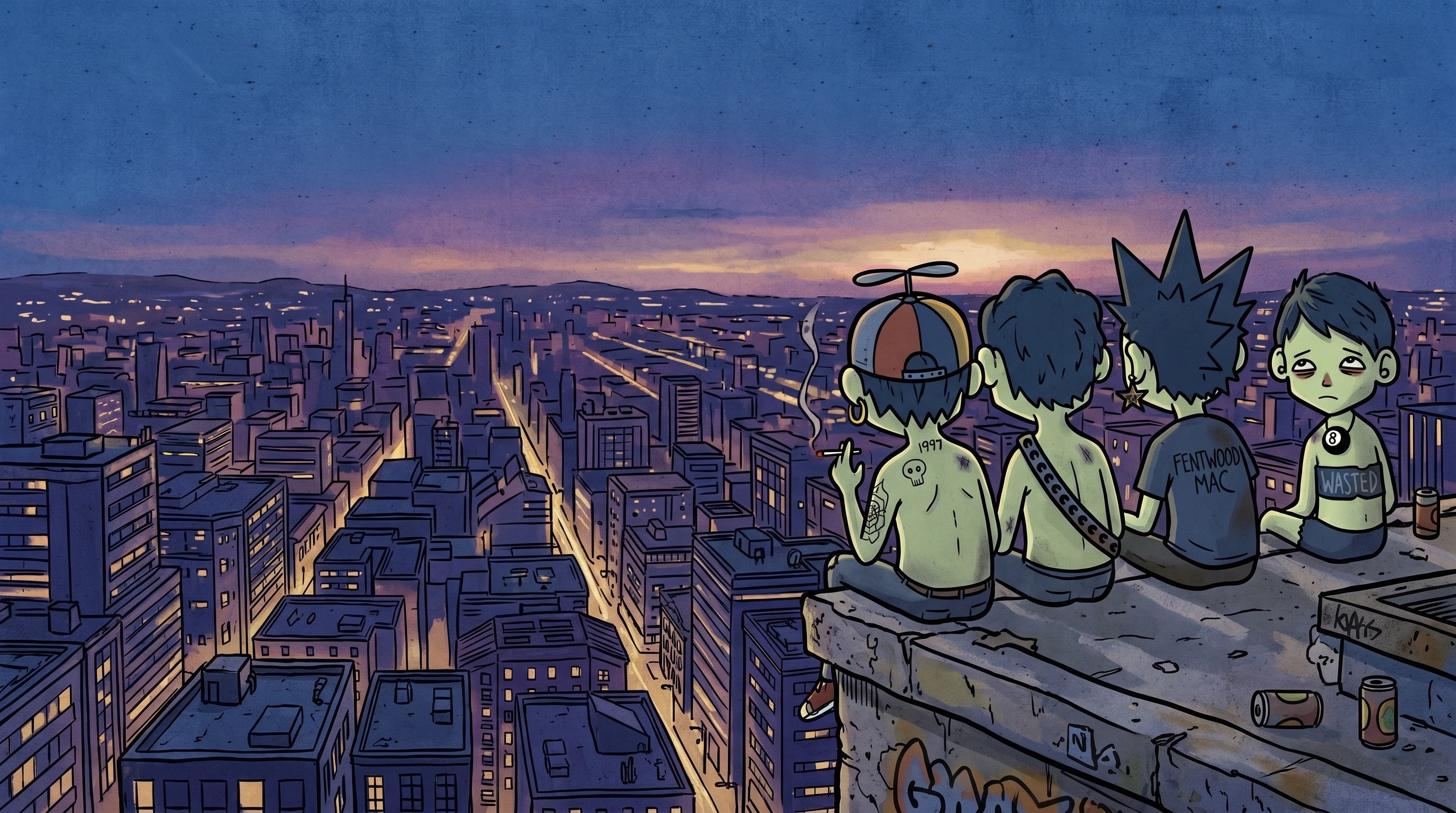 Burnouts characters looking over a city skyline at sunset